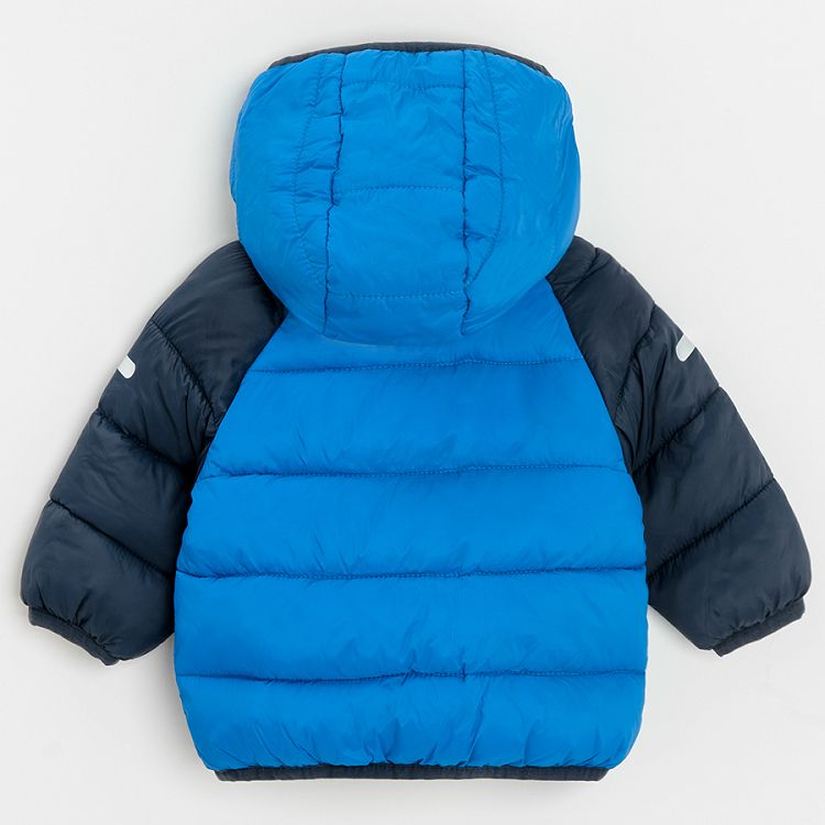 Blue hooded zip through jacket and 9 Baby League print