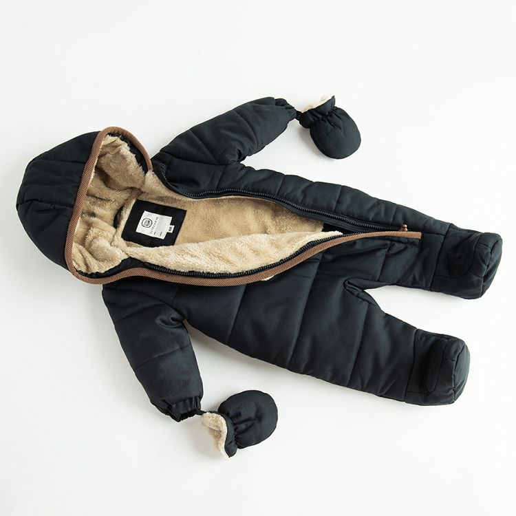 Black snowsuit with bear print and mittens