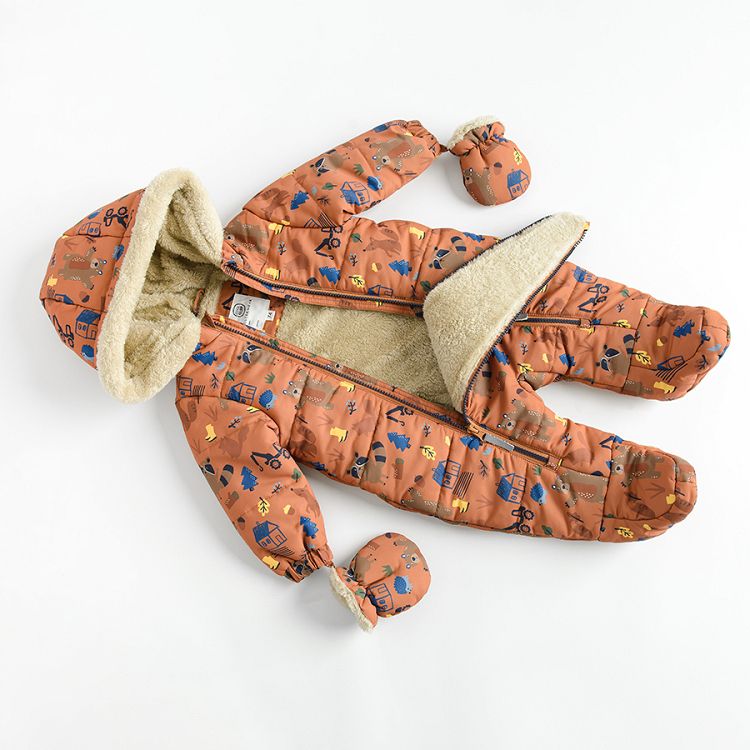 Light brown footed snowsuit with two zippers and mittens