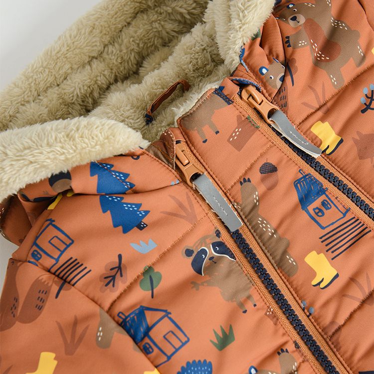 Light brown footed snowsuit with two zippers and mittens