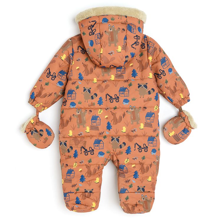 Light brown footed snowsuit with two zippers and mittens