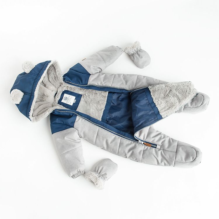 Grey and blue footless hooded snowsuit with mittens