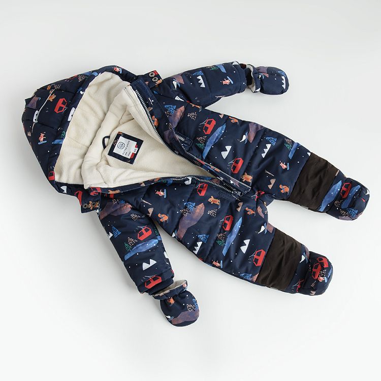 Blue hooded snowsuit with Chistmas print and mittens