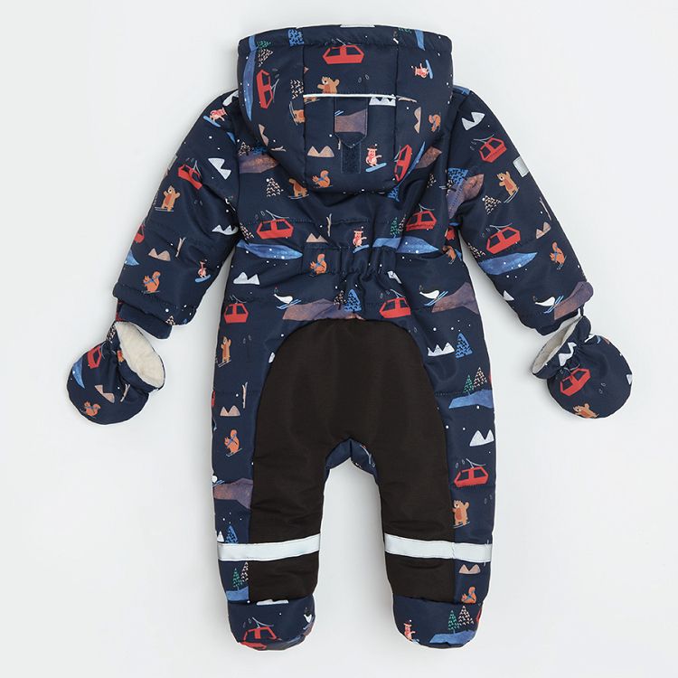 Blue hooded snowsuit with Chistmas print and mittens