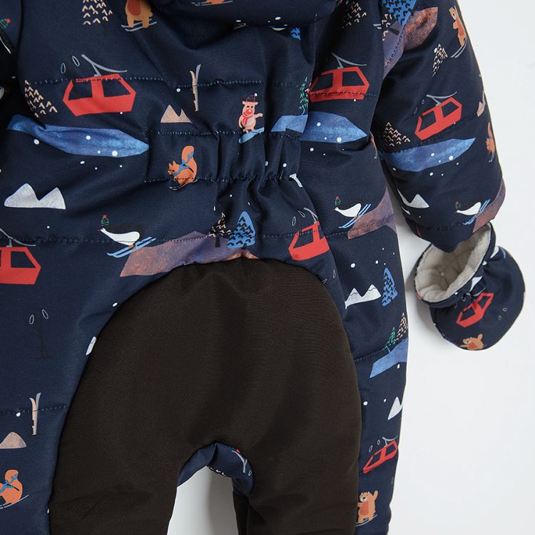 Blue hooded snowsuit with Chistmas print and mittens