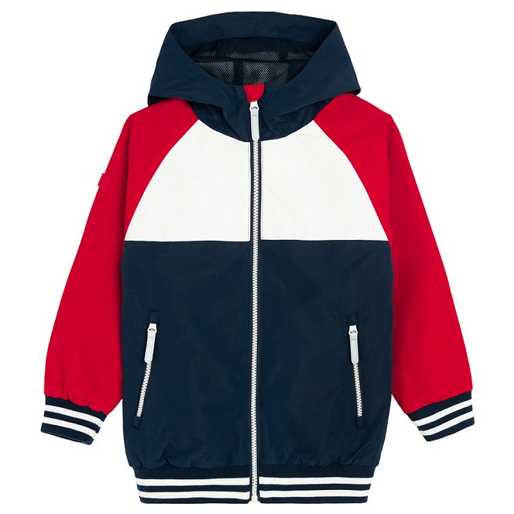 White, blue and red hooded zip through jacket