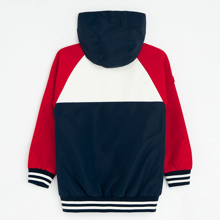 White, blue and red hooded zip through jacket