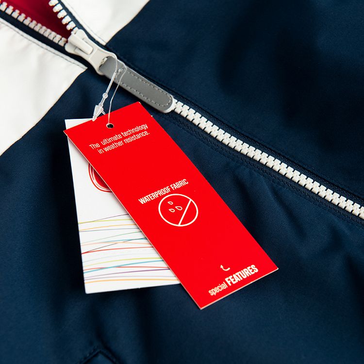 White, blue and red hooded zip through jacket