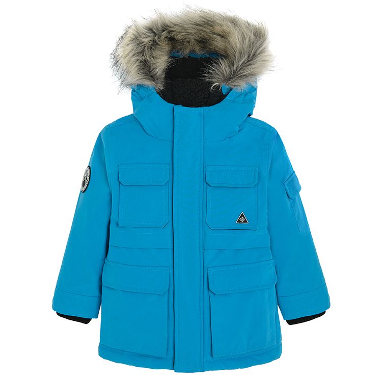 Blue jacket with furlike on the hood