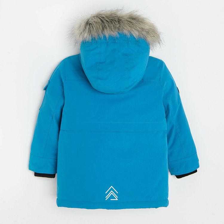 Blue jacket with furlike on the hood