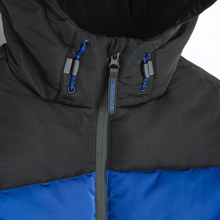 Blue and black hooded zip through jacket