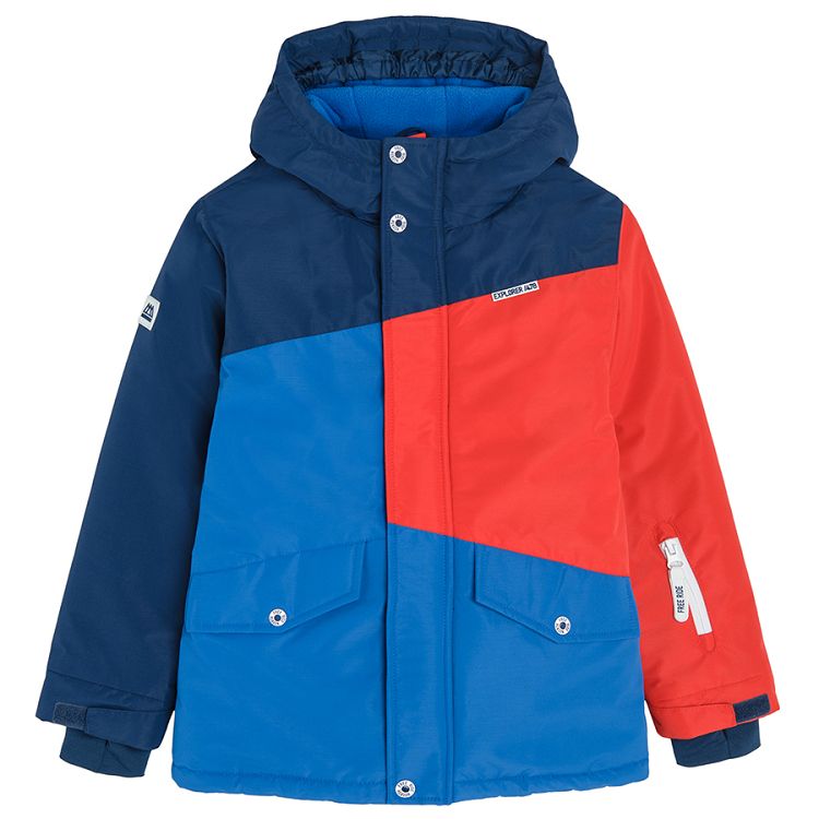 Blue and red hooded ski jacket