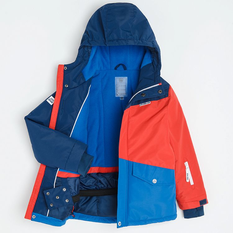 Blue and red hooded ski jacket