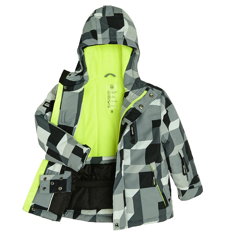 Grey with building blocks print ski jacket with fluo lining on the hood