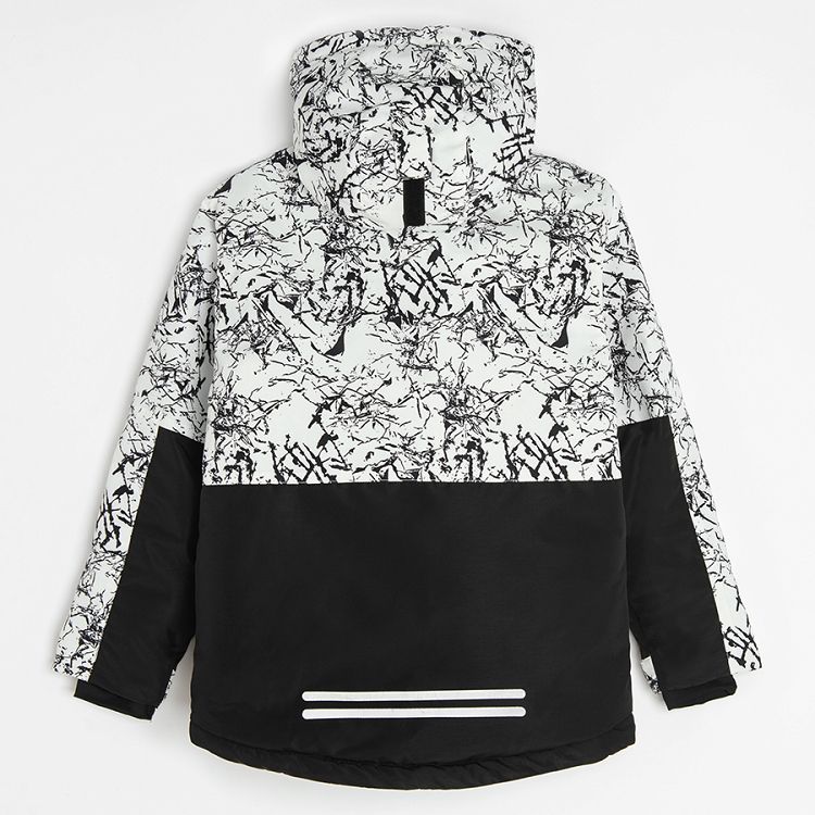 Black and white zip through hooded ski jacket