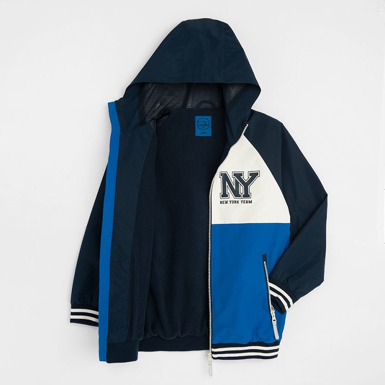 Blue, white and black hooded zip through jacket