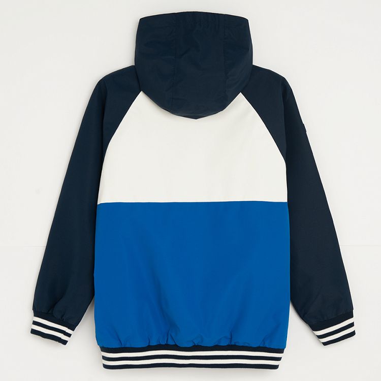 Blue, white and black hooded zip through jacket