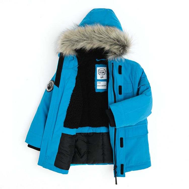 Blue zip through with furlike on the hood jacket