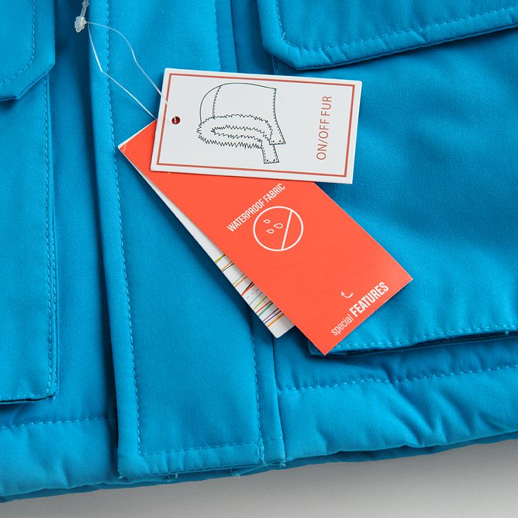 Blue zip through with furlike on the hood jacket