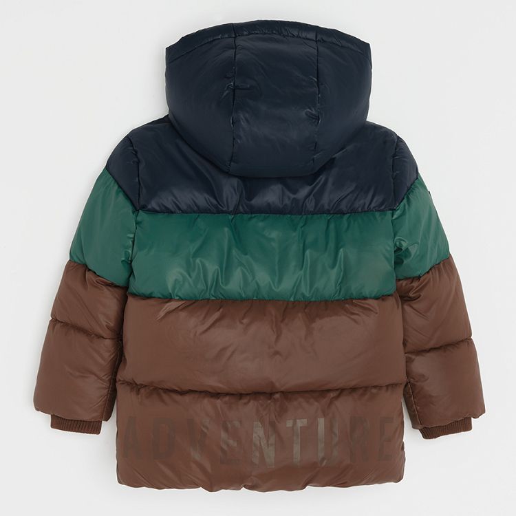 Brown, green, blue hooded jacket