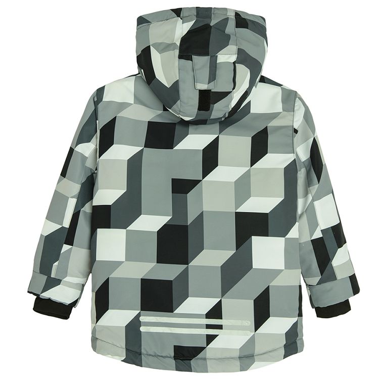 Grey with building blocks print ski jacket with fluo lining on the hood