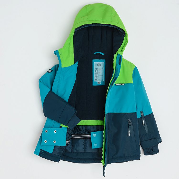 Dark blue, blue, fluo green zip through hooded ski jacket