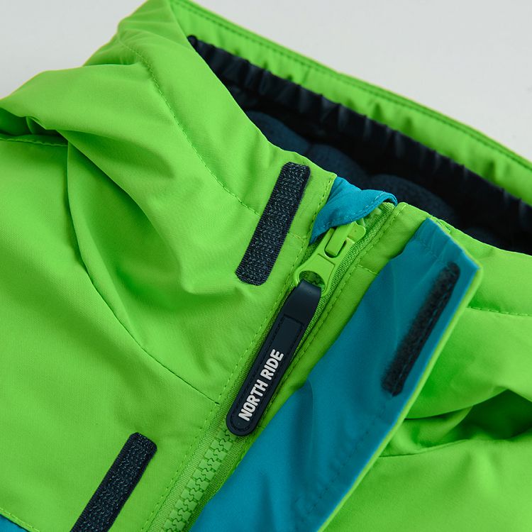 Dark blue, blue, fluo green zip through hooded ski jacket