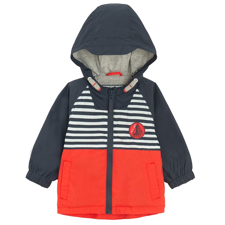 Blue and coral zip through hooded jacket