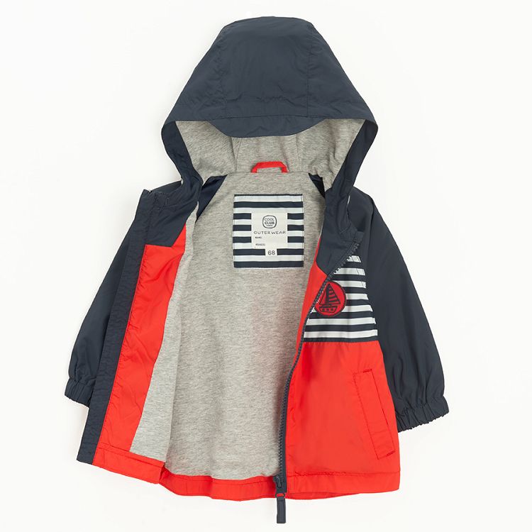 Blue and coral zip through hooded jacket