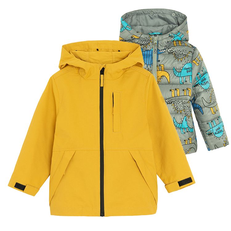 Dark yellow and grey zip through hooded jacket with dinosaurs print- 2 pieces