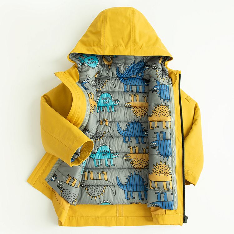 Dark yellow and grey zip through hooded jacket with dinosaurs print- 2 pieces