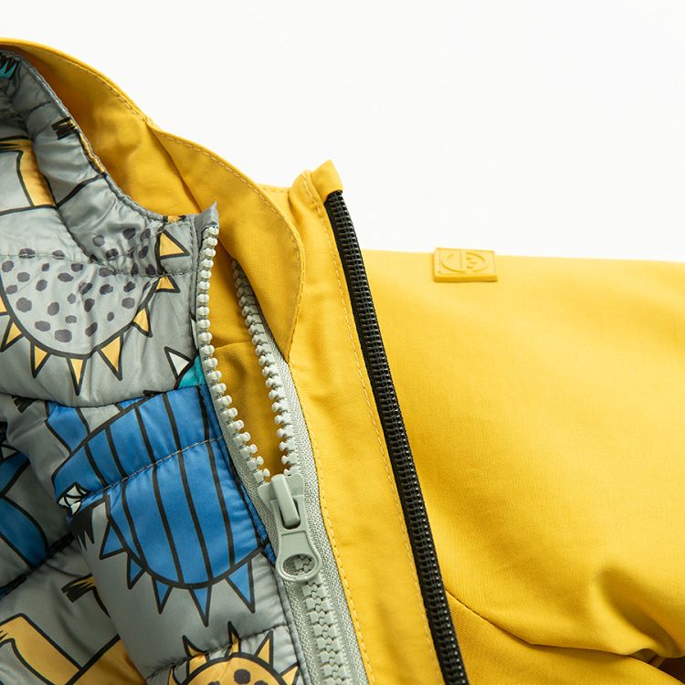 Dark yellow and grey zip through hooded jacket with dinosaurs print- 2 pieces