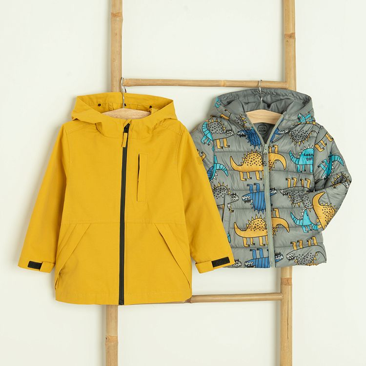 Dark yellow and grey zip through hooded jacket with dinosaurs print- 2 pieces