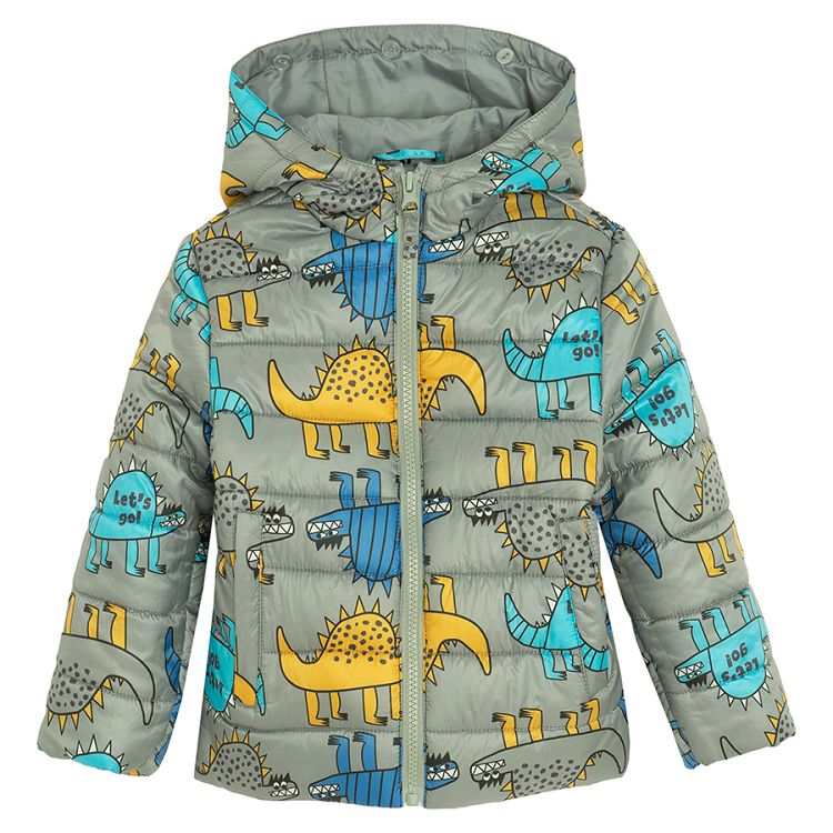 Dark yellow and grey zip through hooded jacket with dinosaurs print- 2 pieces