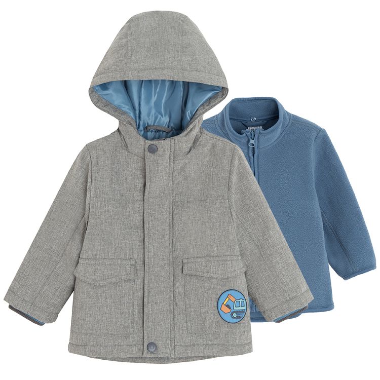 Grey hooded jacket and blue zip through jacket set- 2 pieces