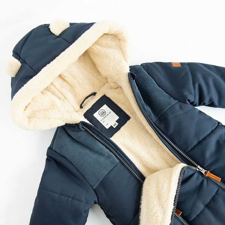 Blue hooded snowsuit with 2 side zippers