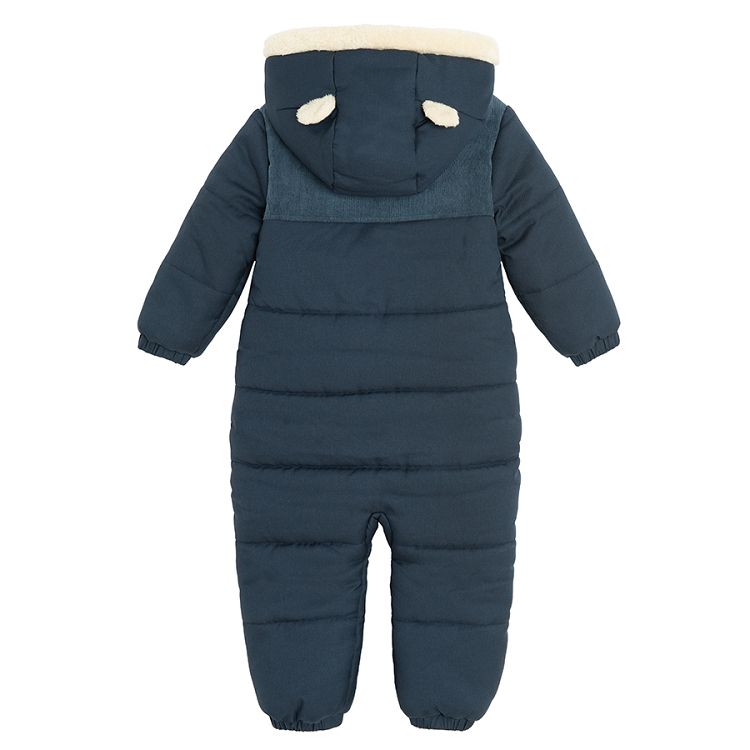 Blue hooded snowsuit with 2 side zippers