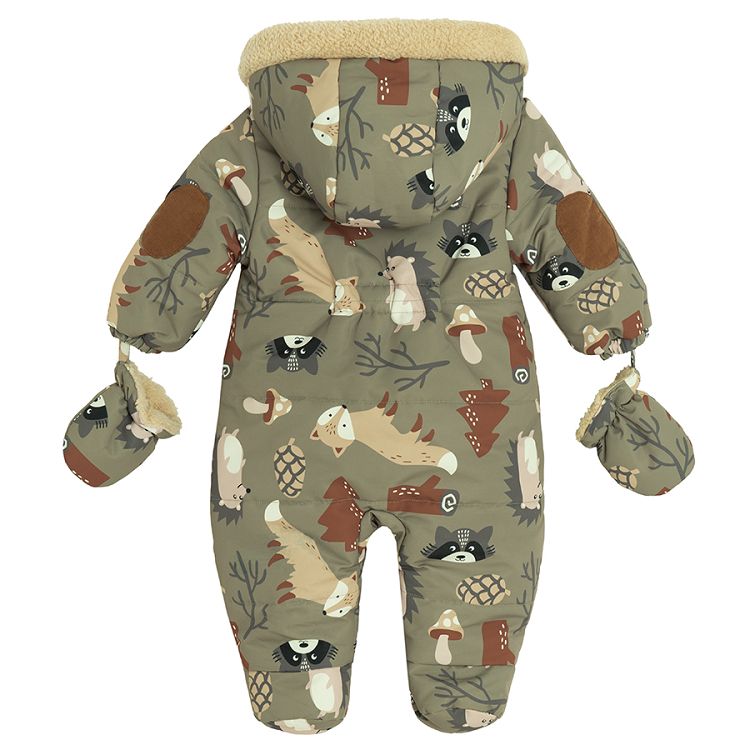 Green hooded snowsuit with forest animals print and two side zippers