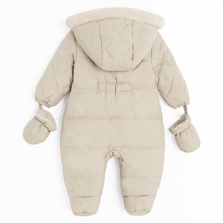 Grey footeless hooded snowsuit with two side zippers