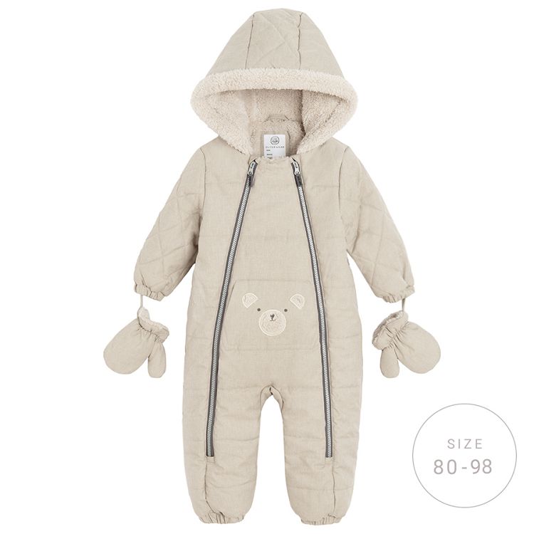 Grey footeless hooded snowsuit with two side zippers