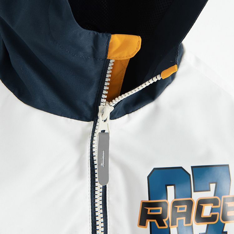 White, yellow, blue hooded light jacket