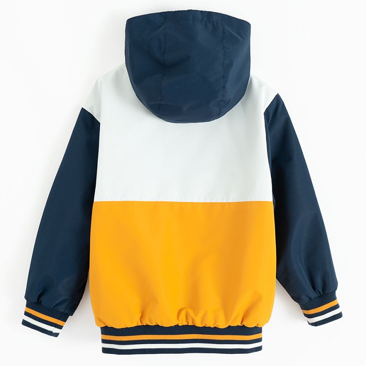 White, hello, blue hooded light jacket