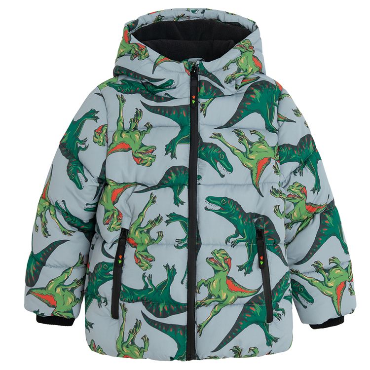 Grey zip through hooded winter jacket with dinosaurs print