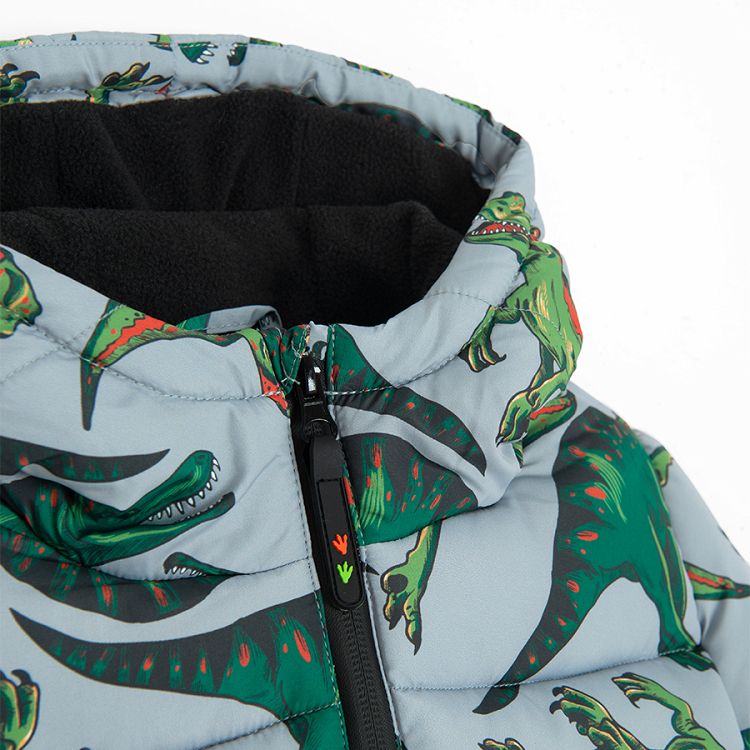 Grey zip through hooded winter jacket with dinosaurs print