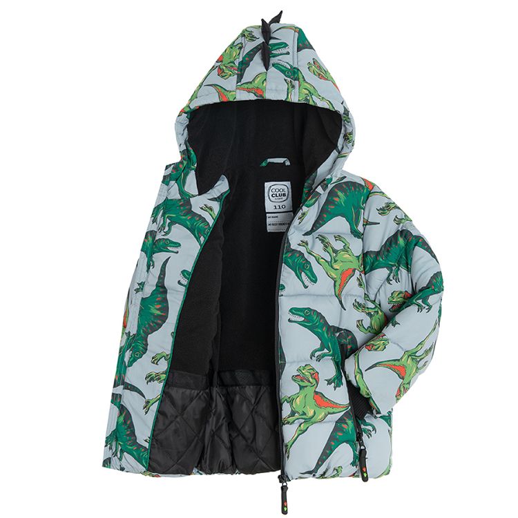 Grey zip through hooded winter jacket with dinosaurs print