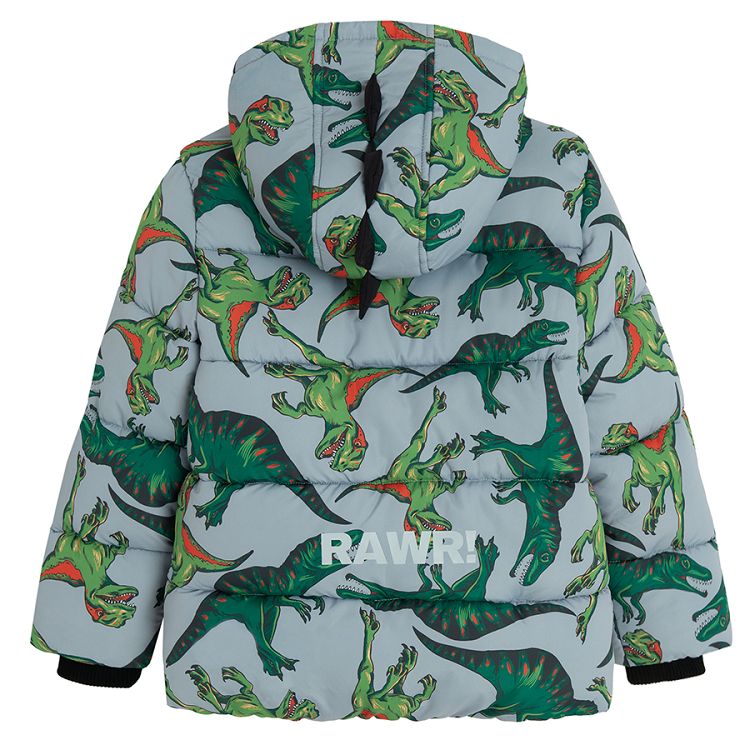 Grey zip through hooded winter jacket with dinosaurs print