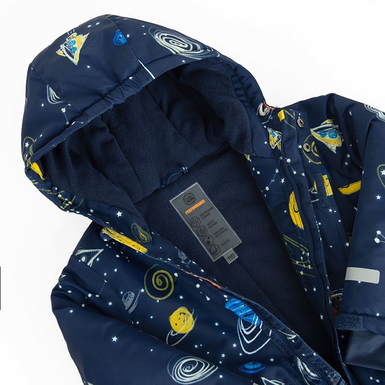 Blue snowsuit with planets print