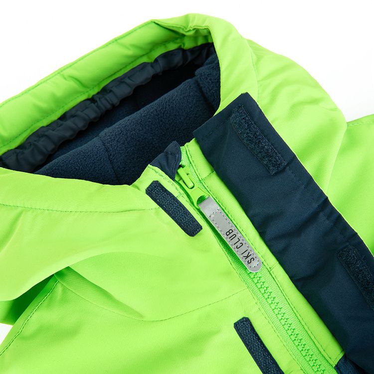 Blue and green fluo hooded ski jacket