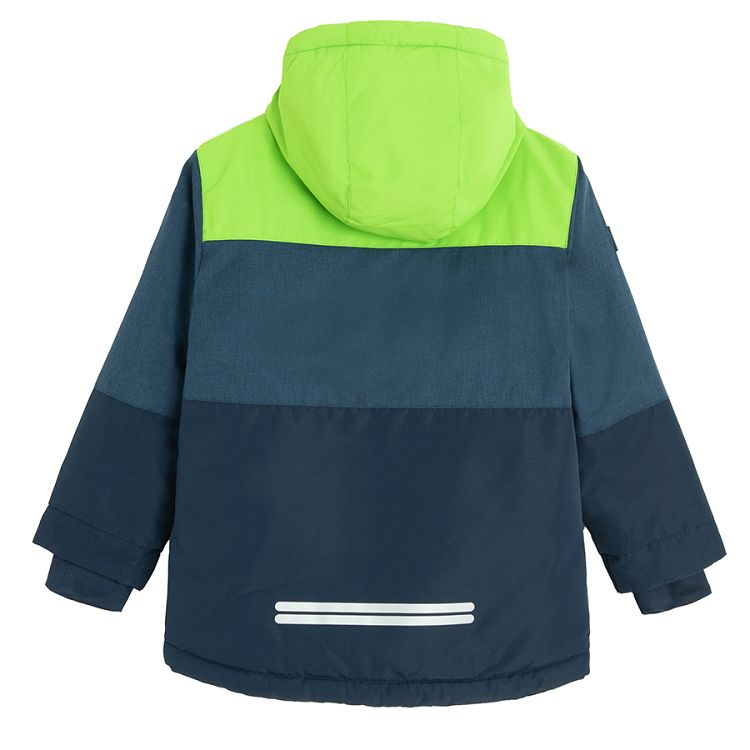 Blue and green fluo hooded ski jacket