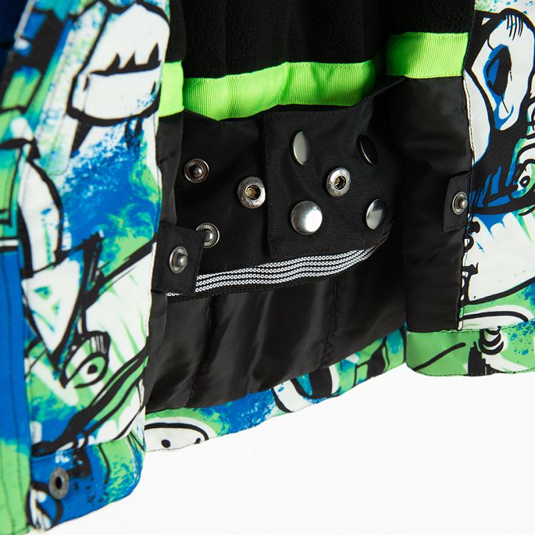 Blue and fluo hooded ski jacket